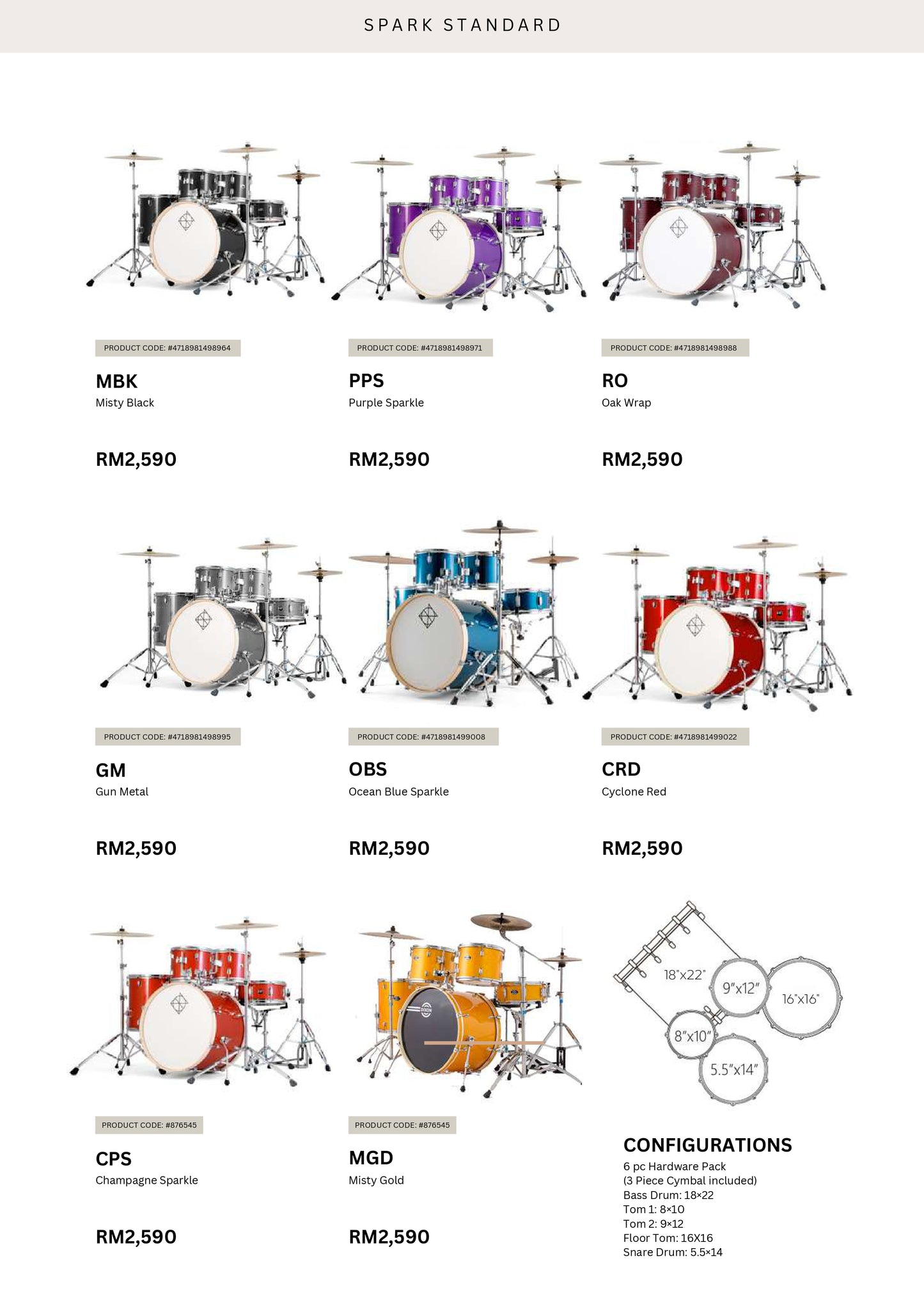 Dixon Spark Standard 5-pcs Acoustic Drum Kit - Ocean Blue Sparkle
