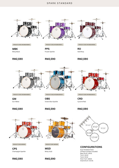 Dixon Spark Standard 5-pcs Acoustic Drum Kit - Purple Sparkle